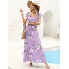 image:imageANRABESS Women V Neck Ruffle Sleeve Floral Pleated Maxi Dresses Summer Boho Belt Empire Waist Wedding Guest Party Flowy DressFloral Purple Rose