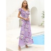 image:imageANRABESS Women V Neck Ruffle Sleeve Floral Pleated Maxi Dresses Summer Boho Belt Empire Waist Wedding Guest Party Flowy DressFloral Purple Rose