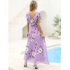 image:imageANRABESS Women V Neck Ruffle Sleeve Floral Pleated Maxi Dresses Summer Boho Belt Empire Waist Wedding Guest Party Flowy DressFloral Purple Rose