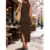 image:imageANRABESS Womens Summer Maxi Dress Casual Crew Neck Tie Waist Split WrinkleFree Fit Tank Long Vacation Dresses 2026 SpringBrown