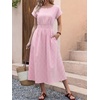 image:imageANRABESS Womens Summer Midi Dress Striped Casual Short Sleeve Crewneck Empire Waist 2026 Flowy Long Beach Dress with PocketsPink Gingham
