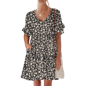 image:imageANRABESS Dresses for Women Summer 2026 V Neck Ruffle Sleeve A Line Tiered Flowy Casual Trendy Mini Beach Dress with PocketsBlack White Floral