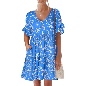 image:imageANRABESS Dresses for Women Summer 2026 V Neck Ruffle Sleeve A Line Tiered Flowy Casual Trendy Mini Beach Dress with PocketsBlue Pink Floral