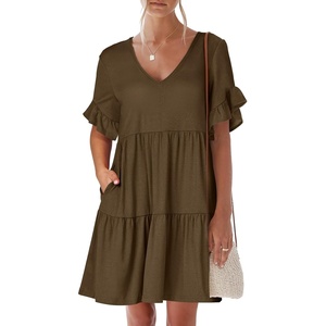 image:imageANRABESS Dresses for Women Summer 2026 V Neck Ruffle Sleeve A Line Tiered Flowy Casual Trendy Mini Beach Dress with PocketsCoffee