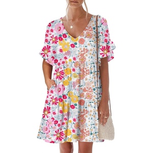 image:imageANRABESS Dresses for Women Summer 2026 V Neck Ruffle Sleeve A Line Tiered Flowy Casual Trendy Mini Beach Dress with PocketsMulticolour Floral