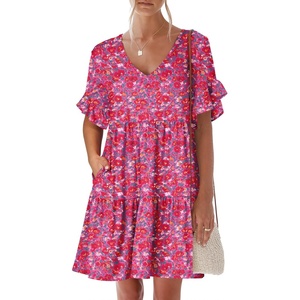 image:imageANRABESS Dresses for Women Summer 2026 V Neck Ruffle Sleeve A Line Tiered Flowy Casual Trendy Mini Beach Dress with PocketsRed Floral
