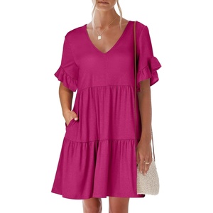 image:imageANRABESS Dresses for Women Summer 2026 V Neck Ruffle Sleeve A Line Tiered Flowy Casual Trendy Mini Beach Dress with PocketsRose