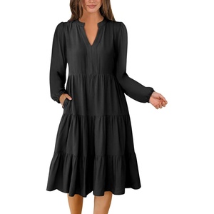image:imageANRABESS Long Sleeve Midi Dresses for Women V Neck 2026 Fall Fashion Casual Loose Fit Flowy Swing Tiered Vacation Boho DressBlack