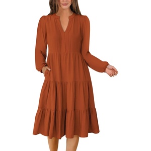 image:imageANRABESS Long Sleeve Midi Dresses for Women V Neck 2026 Fall Fashion Casual Loose Fit Flowy Swing Tiered Vacation Boho DressBrick Orange