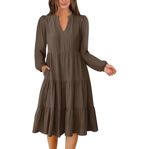 image:imageANRABESS Long Sleeve Midi Dresses for Women V Neck 2026 Fall Fashion Casual Loose Fit Flowy Swing Tiered Vacation Boho DressCoffee