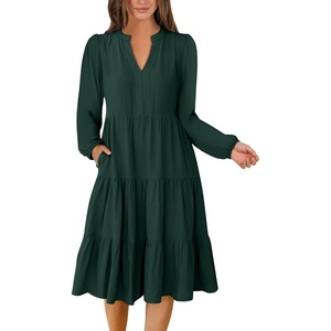 image:imageANRABESS Long Sleeve Midi Dresses for Women V Neck 2026 Fall Fashion Casual Loose Fit Flowy Swing Tiered Vacation Boho DressDeep Green