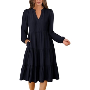 image:imageANRABESS Long Sleeve Midi Dresses for Women V Neck 2026 Fall Fashion Casual Loose Fit Flowy Swing Tiered Vacation Boho DressDeep Navy Blue