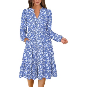 image:imageANRABESS Long Sleeve Midi Dresses for Women V Neck 2026 Fall Fashion Casual Loose Fit Flowy Swing Tiered Vacation Boho DressFloral Blue
