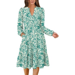 image:imageANRABESS Long Sleeve Midi Dresses for Women V Neck 2026 Fall Fashion Casual Loose Fit Flowy Swing Tiered Vacation Boho DressFloral Green