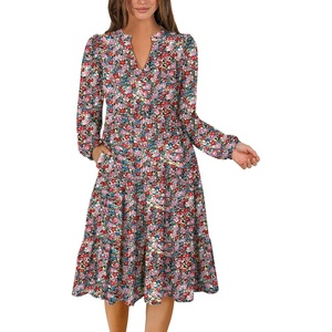 image:imageANRABESS Long Sleeve Midi Dresses for Women V Neck 2026 Fall Fashion Casual Loose Fit Flowy Swing Tiered Vacation Boho DressFloral Red Pink