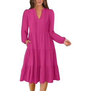 image:imageANRABESS Long Sleeve Midi Dresses for Women V Neck 2026 Fall Fashion Casual Loose Fit Flowy Swing Tiered Vacation Boho DressHot Pink