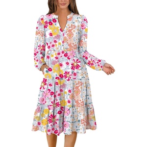 image:imageANRABESS Long Sleeve Midi Dresses for Women V Neck 2026 Fall Fashion Casual Loose Fit Flowy Swing Tiered Vacation Boho DressMulticolour Floral