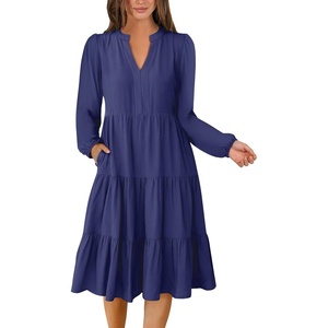 image:imageANRABESS Long Sleeve Midi Dresses for Women V Neck 2026 Fall Fashion Casual Loose Fit Flowy Swing Tiered Vacation Boho DressNavy Blue