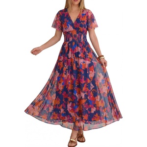 image:imageANRABESS Women Summer Floral Maxi Dress Short Sleeve Boho Flowy Tulle Beach Vacation Wedding Guest 2026 Party Long DressesBlue Orange Floral