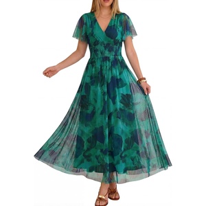 image:imageANRABESS Women Summer Floral Maxi Dress Short Sleeve Boho Flowy Tulle Beach Vacation Wedding Guest 2026 Party Long DressesGreen Blue Floral