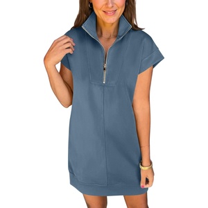 image:imageANRABESS Womens Cap Sleeve Half Zip Dress Casual Soft Summer TShirt Dresses with Pockets for Travel Vacation amp Daily WearGrey Blue