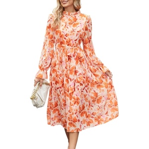 image:imageANRABESS Womens Floral Chiffon Midi Dress Puff Long Sleeve Mock Neck Summer Wedding Guest Party Dresses Fall 2026 OutfitsFloral Orange