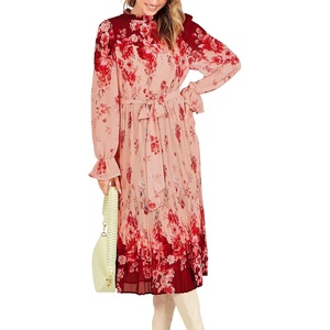 image:imageANRABESS Womens Floral Chiffon Midi Dress Puff Long Sleeve Mock Neck Summer Wedding Guest Party Dresses Fall 2026 OutfitsRose Pink