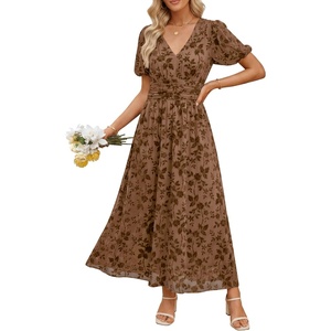 image:imageANRABESS Womens Floral Maxi Formal Dress Summer Mesh Short Sleeve V Neck Empire Waist Wedding Guest Party DressesCoffee