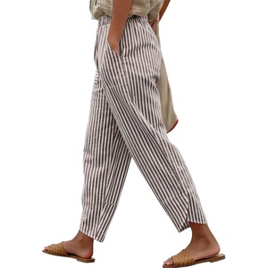 image:imageANRABESS Womens Striped Gingham Pants Summer Lounge Cute PJ Bottom Plaid Pants Casual Wide Leg Beach Trouser with PocketsLight Brown White Stripe