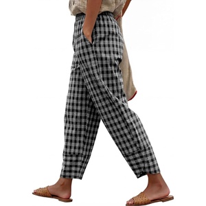 image:imageANRABESS Womens Striped Gingham Pants Summer Lounge Cute PJ Bottom Plaid Pants Casual Wide Leg Beach Trouser with PocketsMulti Black Plaid