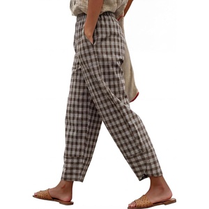 image:imageANRABESS Womens Striped Gingham Pants Summer Lounge Cute PJ Bottom Plaid Pants Casual Wide Leg Beach Trouser with PocketsMulti Coffee Plaid