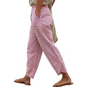 image:imageANRABESS Womens Striped Gingham Pants Summer Lounge Cute PJ Bottom Plaid Pants Casual Wide Leg Beach Trouser with PocketsRed White Stripe