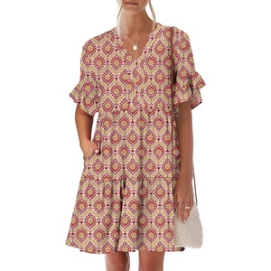 image:imageANRABESS Womens Summer Casual Dress VNeck Ruffle Sleeve Tiered Mini Dress Soft Comfy Fabric with Pockets for AllDay WearApricot Red Floral