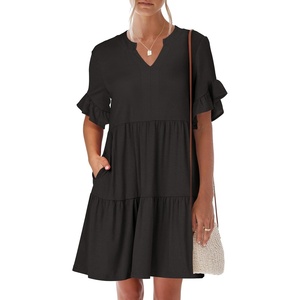 image:imageANRABESS Womens Summer Casual Dress VNeck Ruffle Sleeve Tiered Mini Dress Soft Comfy Fabric with Pockets for AllDay WearBlack