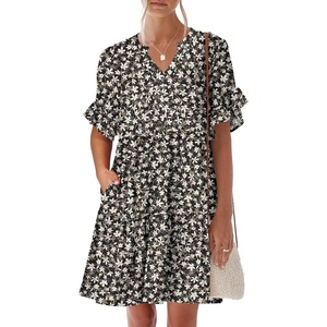 image:imageANRABESS Womens Summer Casual Dress VNeck Ruffle Sleeve Tiered Mini Dress Soft Comfy Fabric with Pockets for AllDay WearBlack White Floral