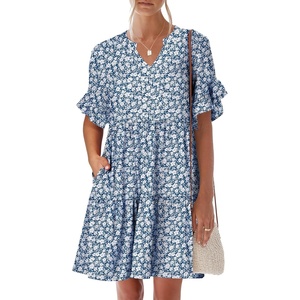 image:imageANRABESS Womens Summer Casual Dress VNeck Ruffle Sleeve Tiered Mini Dress Soft Comfy Fabric with Pockets for AllDay WearBlue White Floral