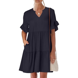image:imageANRABESS Womens Summer Casual Dress VNeck Ruffle Sleeve Tiered Mini Dress Soft Comfy Fabric with Pockets for AllDay WearDeep Navy Blue