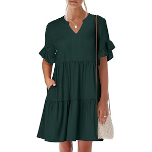 image:imageANRABESS Womens Summer Casual Dress VNeck Ruffle Sleeve Tiered Mini Dress Soft Comfy Fabric with Pockets for AllDay WearForest Green