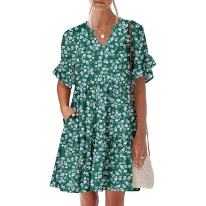 image:imageANRABESS Womens Summer Casual Dress VNeck Ruffle Sleeve Tiered Mini Dress Soft Comfy Fabric with Pockets for AllDay WearGreen Blue Floral
