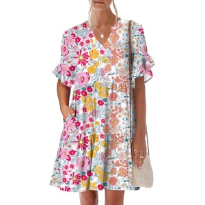 image:imageANRABESS Womens Summer Casual Dress VNeck Ruffle Sleeve Tiered Mini Dress Soft Comfy Fabric with Pockets for AllDay WearMulticolour Floral
