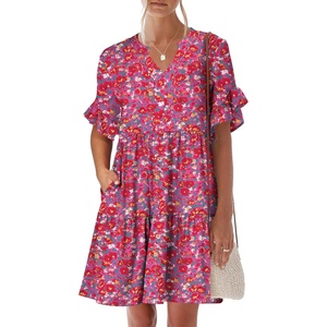 image:imageANRABESS Womens Summer Casual Dress VNeck Ruffle Sleeve Tiered Mini Dress Soft Comfy Fabric with Pockets for AllDay WearRed Floral