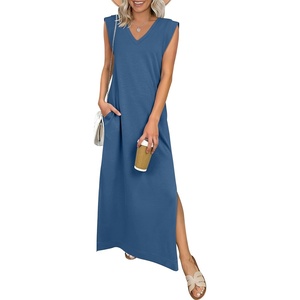 image:imageANRABESS Womens Summer Casual Maxi Dresses Sleeveless V Neck Split WrinkleFree Long Sundress Beach Vacation Travel ClothesDeep Blue