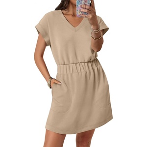 image:imageANRABESS Womens Summer Dresses Casual V Neck Short Sleeve Elastic Waist Mini Tshirt Dress Beach Vacation Sundress with PocketAlmond
