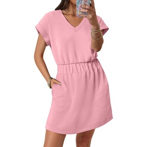 image:imageANRABESS Womens Summer Dresses Casual V Neck Short Sleeve Elastic Waist Mini Tshirt Dress Beach Vacation Sundress with PocketPink