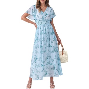 image:imageANRABESS Womens Summer Floral Maxi Dress Casual V Neck Short Sleeve Chiffon Boho Flowy Beach 2026 Wedding Guest Long DressesGreen Leaf Print