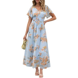 image:imageANRABESS Womens Summer Floral Maxi Dress Casual V Neck Short Sleeve Chiffon Boho Flowy Beach 2026 Wedding Guest Long DressesOrange Floral Print