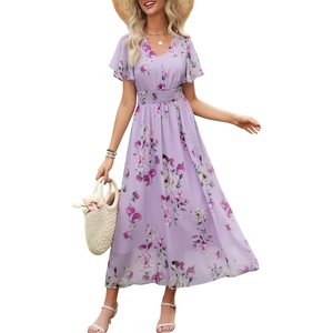 image:imageANRABESS Womens Summer Floral Maxi Dress Casual V Neck Short Sleeve Chiffon Boho Flowy Beach 2026 Wedding Guest Long DressesPurple Flor