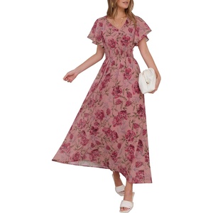 image:imageANRABESS Womens Summer Floral Maxi Dress Casual V Neck Short Sleeve Chiffon Boho Flowy Beach 2026 Wedding Guest Long DressesRose Red Flor