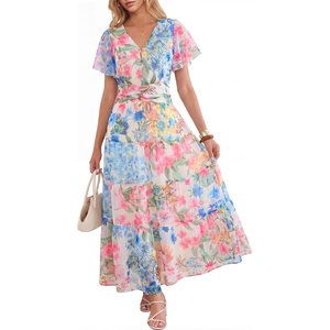 image:imageANRABESS Womens Summer Floral Maxi Dress Short Sleeve Flowy Tulle Wedding Guest Beach Vacation 2026 Spring Party Long DressesWhite Blue Pink Floral