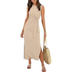 image:imageANRABESS Womens Summer Maxi Dress Casual Crew Neck Tie Waist Split WrinkleFree Fit Tank Long Vacation Dresses 2026 SpringApricot